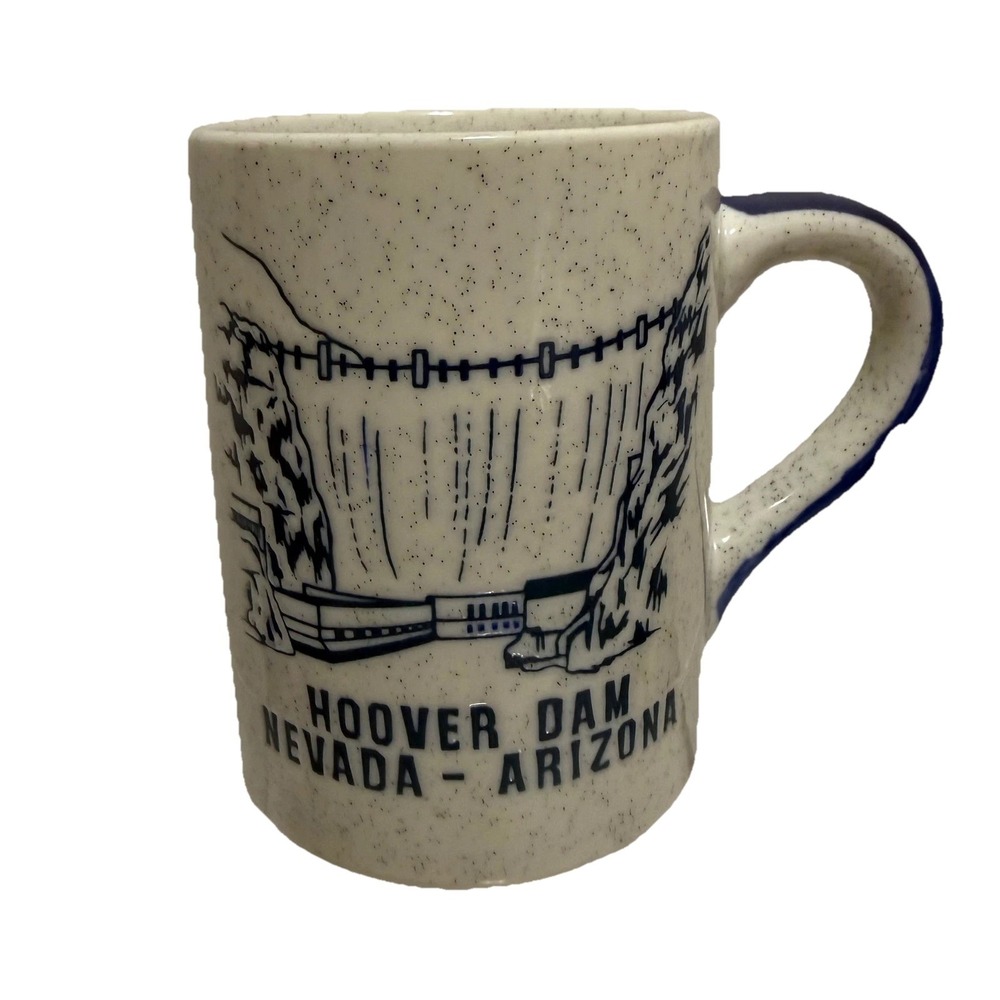 Hoover‎ Dam Nevada Arizona Souvenir Coffee Mug Speckled Ceramic Blue White Retro